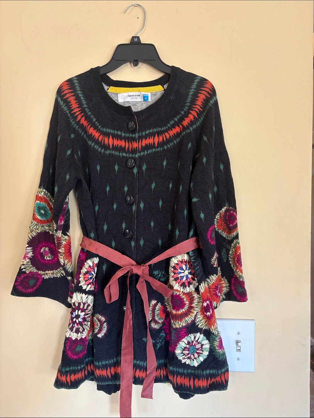 Anthropologie Black Floral-Print Knit cardigan with Rose Waist Tie